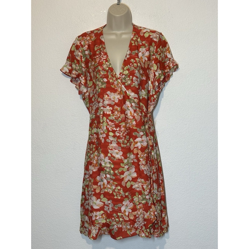 J. Jill Papaya Floral Ruffle Wrap‎ Dress Size Small Short Flutter Sleeves Career